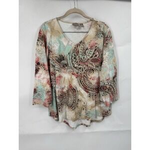 Chicos Paisley Floral Top Women 2/M Neutral Bohemian Artsy Fairy Whimsical Retro